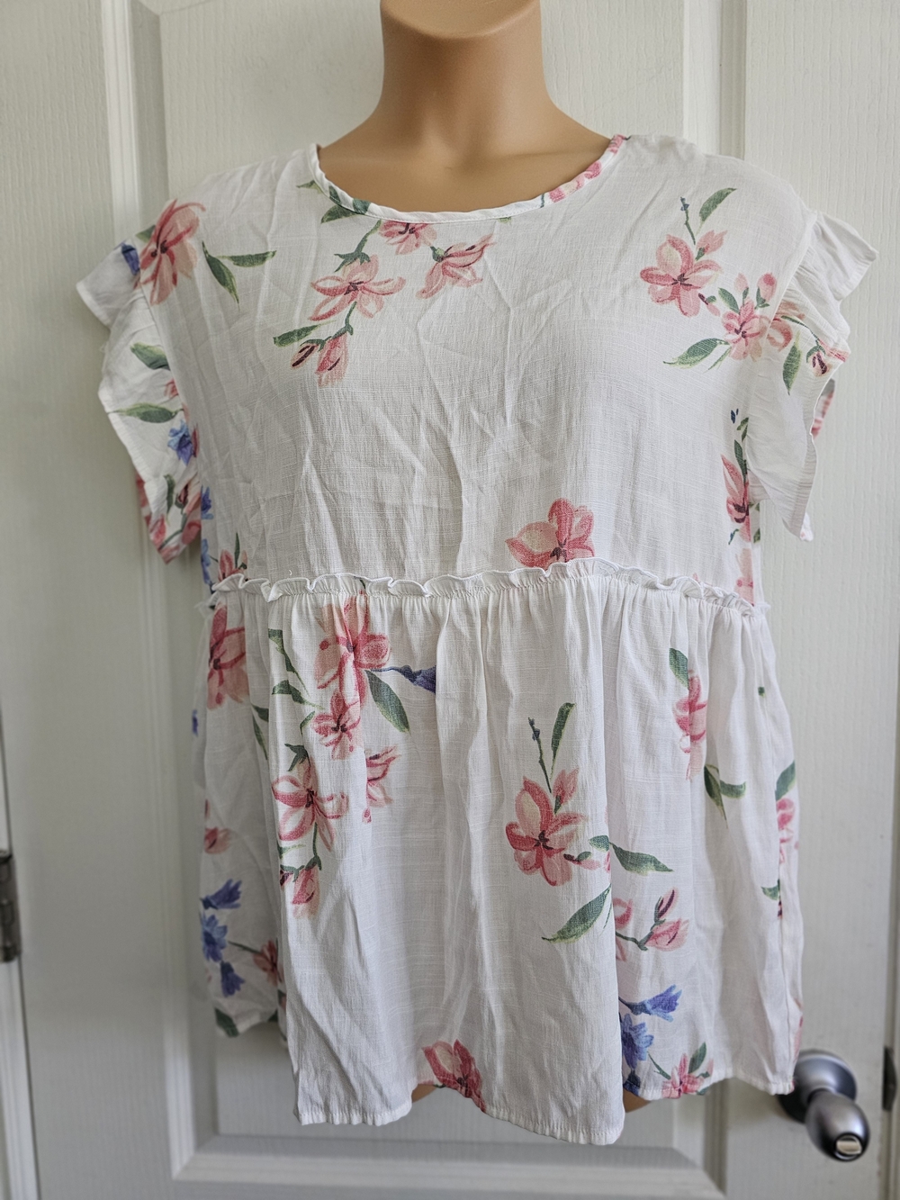 Shop Basic L White Floral Babydoll Tunic Top - Pink & Green Print
